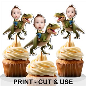 Custom Dinosaur Cupcake Toppers, Face Cupcake Topper, Dinosaur theme party, T-rex first birthday, Photo cupcake topper, Face toppers