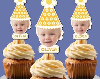 Custom Flower Cupcake Toppers, Baby First Birthday Party, Baby Birthday Cake Topper, Photo cupcake topper, Face toppers, Party Hat Cupcake