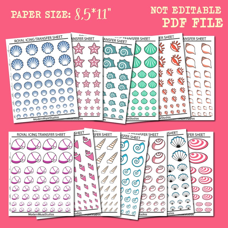 Sea Shell Royal Icing Transfer Sheets Bundle, Sugar Cookies, Royal ...