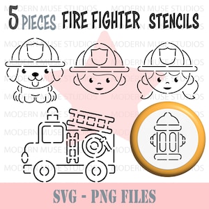 May include: Five black and white fire fighter stencils for crafting. The stencils include a fire engine, a fire hydrant, a firefighter, and two children dressed as firefighters.