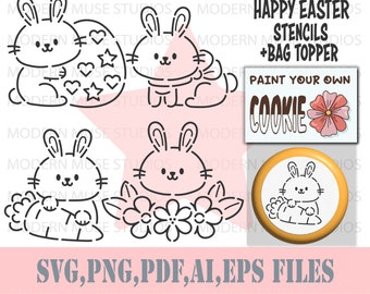 Pyo Easter Cookie Pochoir Bundle, Biscuits au sucre de Pâques, Pyo Cookie Pochoir Svg, Étiquette de biscuit de Pâques imprimable, Biscuits au sucre, Pochoir lapin