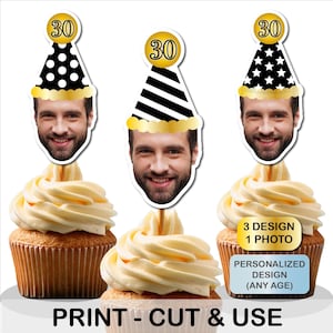 Photo Cupcake Toppers (30th, 40th, 50th, 60, 70) Birthday Decor Any Age, 30th birthday cupcakes, Face Cupcake Topper, 40th Birthday Cupcake