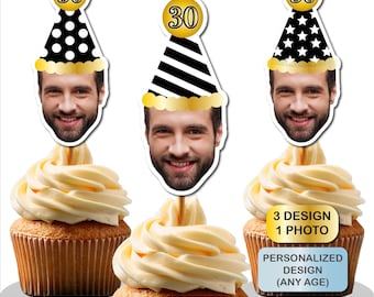 Foto Cupcake Topper (30, 40, 50, 60, 70) Geburtstagsdeko für jedes Alter, Cupcake Topper 30, Geburtstag, Gesicht Cupcake Topper, 40