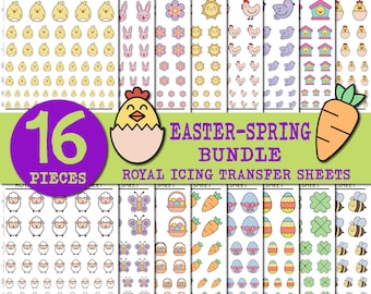 Paquete de hojas de transferencia de glaseado real de primavera de PASCUA, galletas de Pascua, plantilla de transferencia de glaseado real, hoja de transferencia de galletas, plantilla de huevo de Pascua