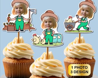 Personalisierter Bauer Kuchen Topper, Gesicht Cupcake Topper, Foto Cupcake Topper, Kuchentopper, Gesicht Deko, Party auf dem Bauernhof