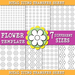 Può includere: Foglio di trasferimento per glassa reale stampabile con sette diverse dimensioni di modelli di fiori. Il foglio è bianco con contorni neri dei fiori.