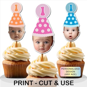 Custom Face Cupcake Toppers, Face Cutout, Baby Birthday Cake Topper, Photo cupcake topper, Baby Face toppers