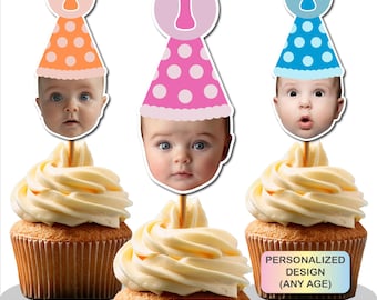 Custom Face Cupcake Toppers, Face Cutout, Baby Birthday Cake Topper, Photo cupcake topper, Baby Face toppers