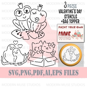 May include: Three black and white Valentine's Day cookie stencils featuring a frog couple, a cat couple in a box, and a pair of birds on a branch. The stencils are labeled "Paint Your Own Cookie" and "3 Pieces Valentine's Day Stencils + Bag Topper".
