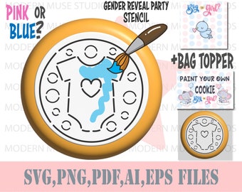 Pyo Gender Reveal Party Cookie Stencil Bundle, Pyo Gender Party cookie Bag Topper and Cards, Baby Party Cookies, Gender Reveal Party Games