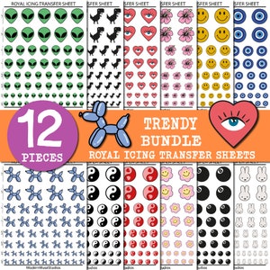Puede incluir: Doce hojas de transferencia de glaseado real con diseños de moda. Los diseños incluyen extraterrestres, dinosaurios, corazones, flores, caras sonrientes, ojos malvados, globos, símbolos yin yang, corazones, flores, bolas de billar y conejos.