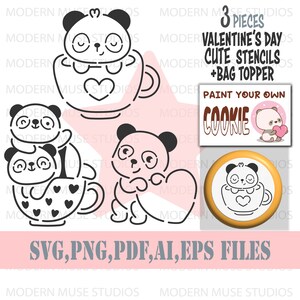 Valentijnsdag Pyo stencil bundel, Pyo cookie stencil SVG, Pyo cookie tags, suiker cookies, Panda stencil SVG, Valentijnsdag SVG, Panda
