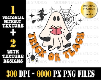 Trick or Teach png, Spooky Teacher Shirt, cute Ghost png, Halloween png, Retro png, Funny Halloween png, Teacher Halloween Shirt Png Clipart