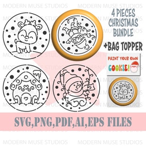 May include: Four black and white Christmas cookie stencils, including a gingerbread house, a snowman, a reindeer, and a Santa Claus. The stencils are on a white background with pink polka dots. The text "4 Pieces Christmas Bundle + Bag Topper Paint Your Own Cookie!" is in the top right corner of the image.
