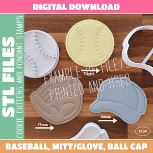 May include: A selection of baseball-themed cookie cutters and fondant stamps. Includes a baseball, baseball mitt, and ball cap. The baseball cutter is 7cm, the mitt is 7.5cm, and the cap is 8cm. The image also includes the text "STL FILES" and "DIGITAL DOWNLOAD".