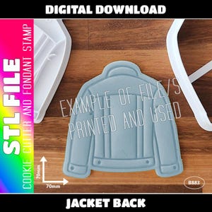 May include: A light blue jacket-shaped cookie cutter and fondant stamp. The image includes the text "STL FILE" and "DIGITAL DOWNLOAD". The cutter measures 70mm x 70mm. The text "EXAMPLE OF FILE/S PRINTED AND USED" is also visible.