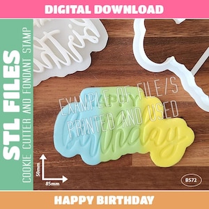May include: A white plastic cookie cutter and a matching fondant stamp, alongside a blue, green, and yellow fondant piece embossed with the text Happy Birthday. A diagram shows dimensions of 50mm by 85mm for this digital download product.