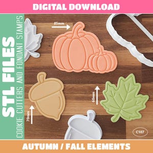 May include: Digital download STL files for cookie cutters and fondant stamps featuring autumn and fall elements. Includes a peach pumpkin set measuring 85mm, a tan acorn measuring 70mm, and a green maple leaf measuring 60mm. Includes white plastic molds.