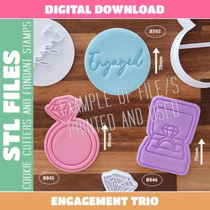 May include: A set of STL files for cookie cutters and fondant stamps including a light blue circular stamp with the text Engaged, a pink ring-shaped cutter, and a purple ring box cutter. Dimensions are marked as 70mm, 80mm, and 75mm.