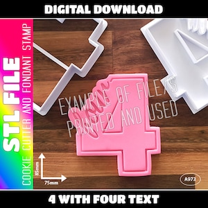 May include: A pink plastic cookie cutter in the shape of the number 4 with the word "four" written inside. The cutter is 8.5 cm wide and 7.5 cm tall. The cutter is on a wooden surface with a white plastic cookie cutter in the background.