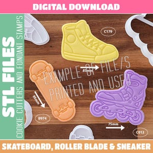 May include: A set of 3D printed cookie cutters and stamps including a yellow high-top sneaker, an orange skateboard, and a purple rollerblade. The skateboard measures 95mm, the sneaker 85mm, and the rollerblade 75mm. Text includes STL FILES, C179, B974, C013.