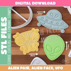 Puede incluir: Archivos STL de descarga digital para cortadores de galletas y sellos de fondant con un par de alienígenas, una cara alienígena y un OVNI. El OVNI mide 95mm, el par 80mm y la cara 75mm. El texto incluye STL FILES, DIGITAL DOWNLOAD y C117.
