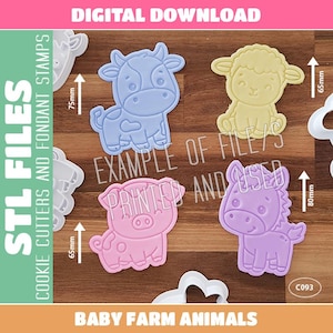 May include: A collection of baby farm animal cookie cutters and fondant stamps. The set includes a blue cow (75mm), yellow sheep (65mm), pink pig (65mm), and purple horse (80mm). The words "STL FILES" and "DIGITAL DOWNLOAD" are visible.