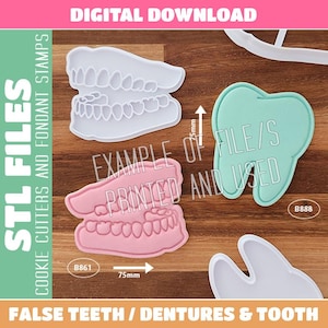 May include: A collection of white, pink, and mint green plastic cookie cutters shaped like dentures and teeth. The set includes two denture-shaped cutters and two tooth-shaped cutters, with some items showing a 75mm measurement indicator.