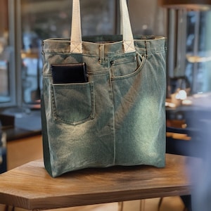 Green Jeans Bag Upcycled, Recycled jeans shoulder bag. Best and practical gift. Denim bag for necessary things
