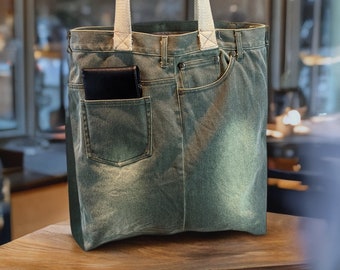 Green Jeans Bag Upcycled, sac à bandoulière en jeans recyclé. Cadeau idéal et pratique. Sac en jean pour les choses nécessaires