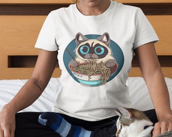 Siamese Cat Eating Ramen T Shirt, Kawaii Anime Shirt, Japanese Shirt, Korean Noodle Shirt, Ramen Kitten Graphic Tees, Gifts for Friend