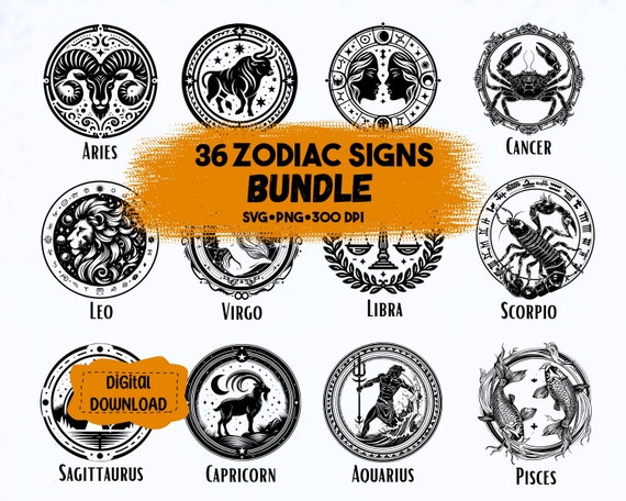 All 12 Zodiac Sign BUNDLE SVG, Zodiac Sign Clipart, Birth Zodiac