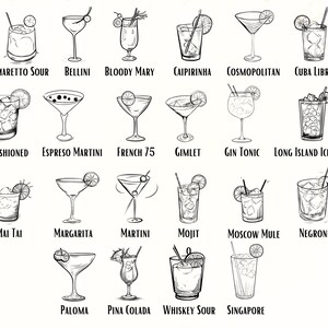 May include: A black and white line drawing illustration of 18 different cocktail drinks. Each drink is labeled with its name. The drinks include: Amaretto Sour, Bellini, Bloody Mary, Caipirinha, Cosmopolitan, Cuba Libre, Old Fashioned, Espresso Martini, French 75, Gimlet, Gin Tonic, Long Island Ice Tea, Mai Tai, Margarita, Martini, Mojito, Moscow Mule, Negroni, Paloma, Pina Colada, Whiskey Sour, and Singapore.