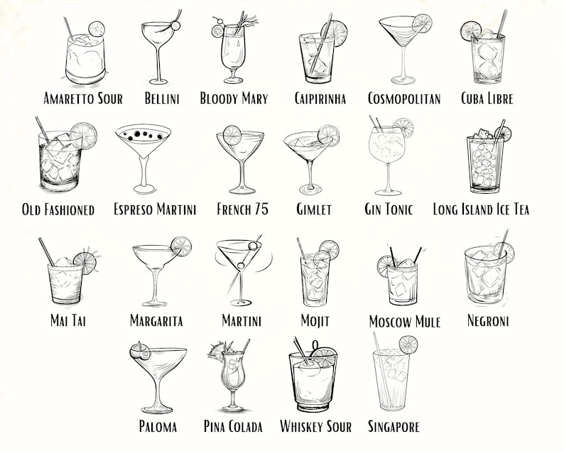 May include: A black and white line drawing illustration of 18 different cocktail drinks. Each drink is labeled with its name. The drinks include: Amaretto Sour, Bellini, Bloody Mary, Caipirinha, Cosmopolitan, Cuba Libre, Old Fashioned, Espresso Martini, French 75, Gimlet, Gin Tonic, Long Island Ice Tea, Mai Tai, Margarita, Martini, Mojito, Moscow Mule, Negroni, Paloma, Pina Colada, Whiskey Sour, and Singapore.
