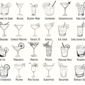 May include: A black and white line drawing illustration of 20 different cocktails. The cocktails are arranged in four rows of five. Each cocktail is labeled with its name.