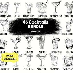 Cocktail Clipart BUNDLE, Bicchieri da cocktail Svg, Set da cocktail, Cocktail stampabile, Segno di cocktail esclusivo, Clipart di arte lineare / Scarica