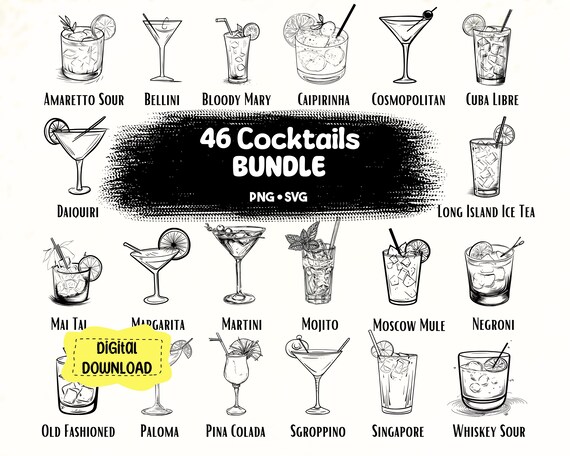 Cocktails Clipart BUNDLE, Cocktail Glasses Svg, Cocktails Set, Cocktail printable, Signature Cocktail Sign, Line Art Clipart | Download