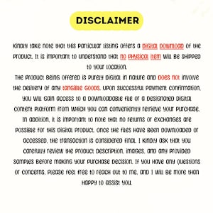 May include: A yellow disclaimer sign with black text explaining that this listing is for a digital download only. The text states that no physical item will be shipped and that the product is purely digital. The text also mentions that upon successful payment, the buyer will gain access to a downloadable file or a designated digital content platform.