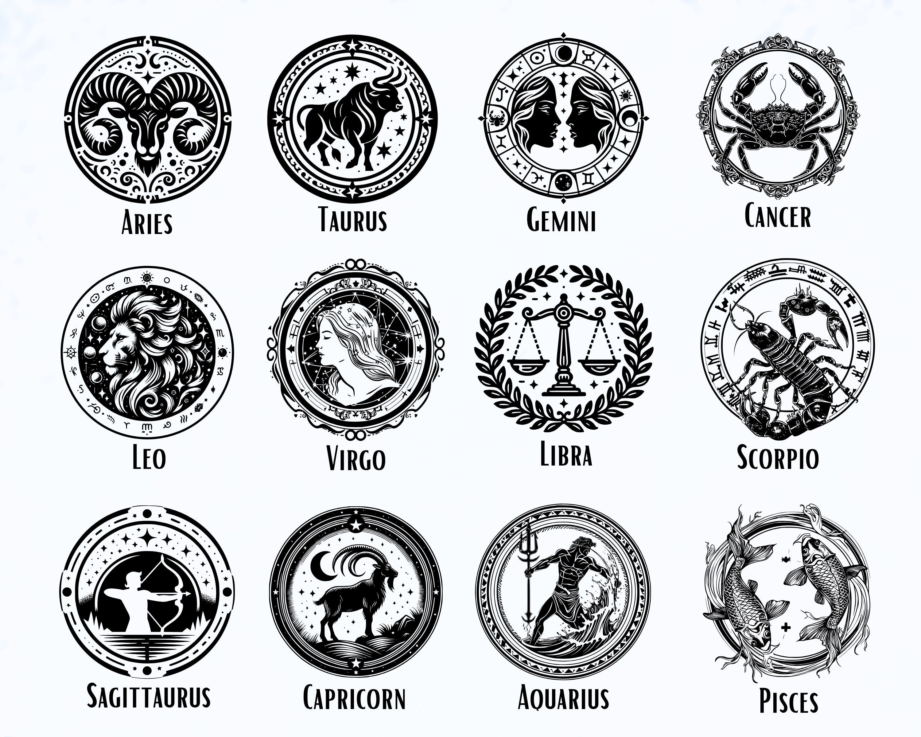 All 12 Zodiac Sign BUNDLE SVG, Zodiac Sign Clipart, Birth Zodiac