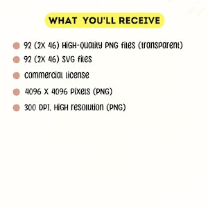 May include: A list of what is included in a digital download. The list includes 92 high-quality PNG files, 92 SVG files, a commercial license, 4096 x 4096 pixel PNG files, and 300 DPI high-resolution PNG files.