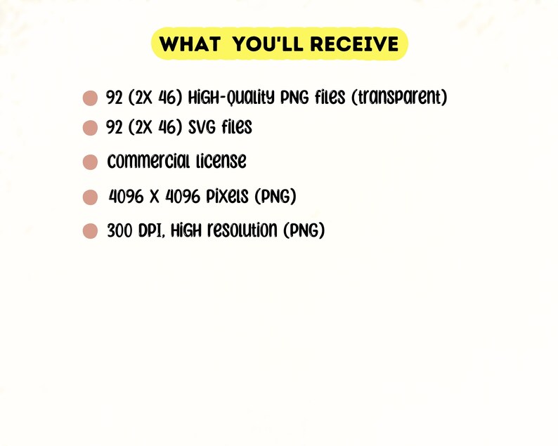 May include: A list of what is included in a digital download. The list includes 92 high-quality PNG files, 92 SVG files, a commercial license, 4096 x 4096 pixel PNG files, and 300 DPI high-resolution PNG files.