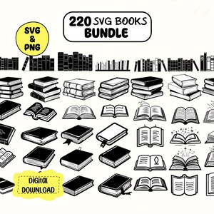 Puede incluir: Una colección de 220 ilustraciones de libros SVG en blanco y negro. La imagen incluye pilas de libros, libros abiertos y siluetas de libros. El texto de la imagen dice "SVG & PNG" y "Descarga digital".
