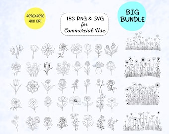 183 Wildflower SVG BUNDLE Floral, Commercial, Minimalist Bouquet, Border, Birth Flower,Sketch |Minimalistic Flower Line Art|Digital Download