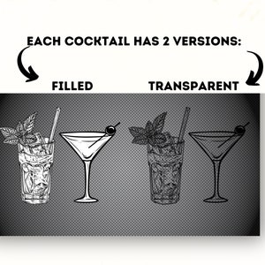 May include: Two versions of a cocktail illustration, one filled and one transparent. Each cocktail features a martini glass with a cherry and a tall glass with a sprig of mint and ice cubes.