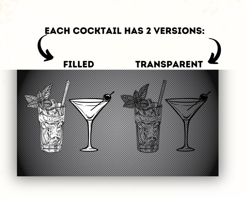 May include: Two versions of a cocktail illustration, one filled and one transparent. Each cocktail features a martini glass with a cherry and a tall glass with a sprig of mint and ice cubes.