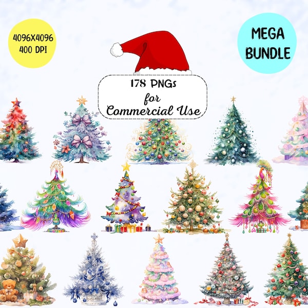 CHRISTMAS TREE PNG, Water Color Clipart, Christmas Lights Png, Commercial Use Xmas Designs, High Quality Christmas Png Bundle
