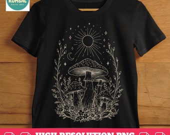 Mystical Mushroom Digital Download – Boho Forest Clipart, Sun and Moon SVG, High-Resolution PNG Vector Design for Sublimation & Crafts
