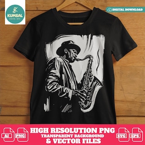 Joueur de saxophone jazz SVG - art musical vintage sublimation PNG & fichier vectoriel, design jazz rétro - art jazz vintage - musique blues svg