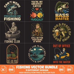 Designs de t-shirts de pêche vintage : graphismes de basse et d&#39;humour (Bundle de téléchargement numérique PNG SVG EPS)