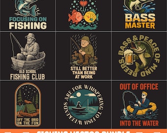 Designs de t-shirts de pêche vintage : graphismes de basse et d'humour (Bundle de téléchargement numérique PNG SVG EPS)